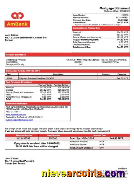 Malaysia AmBank mortgage statement Word and PDF template